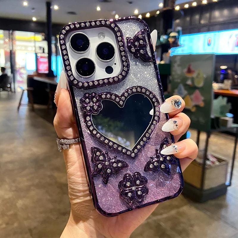 Luxe Galvanisch Gecoate Vlinder Glitters Diamant Hoesje voor IPhone 17 16 15 14 13 12 Pro Max Transparante Hart Make-up Spiegel Cover