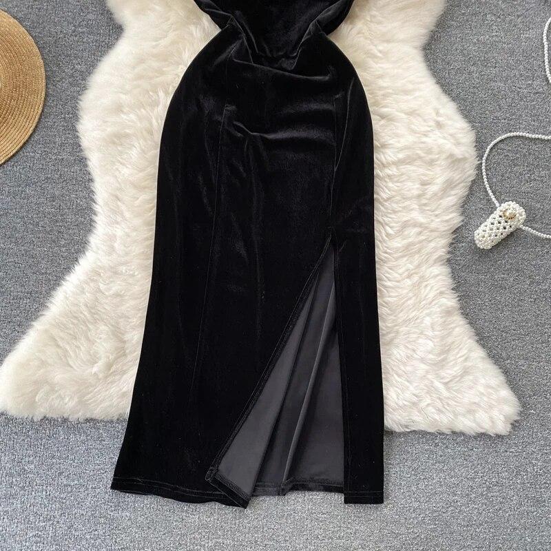 Chic Sexy Solid Split Slip Dress Sexy Off Shoulder Elegant Evening Party Robe Women Vintage Hip Wrap Ceremonial Dress