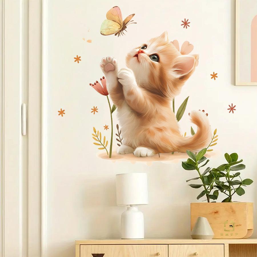 Adorable Orange Kitten with Butterfly Wall Stickers, Self-Adhesive Decor for Bedroom Living Room Home Background Decoration
