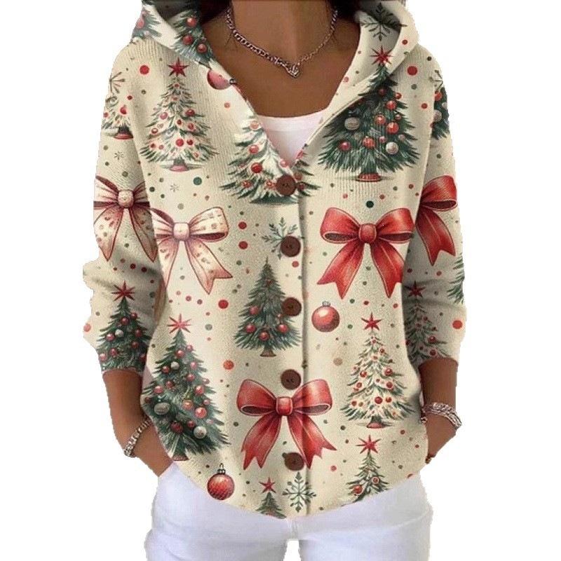 New V-neck button long-sleeved hooded sweater autumn and winter Christmas fashion personalized coat women