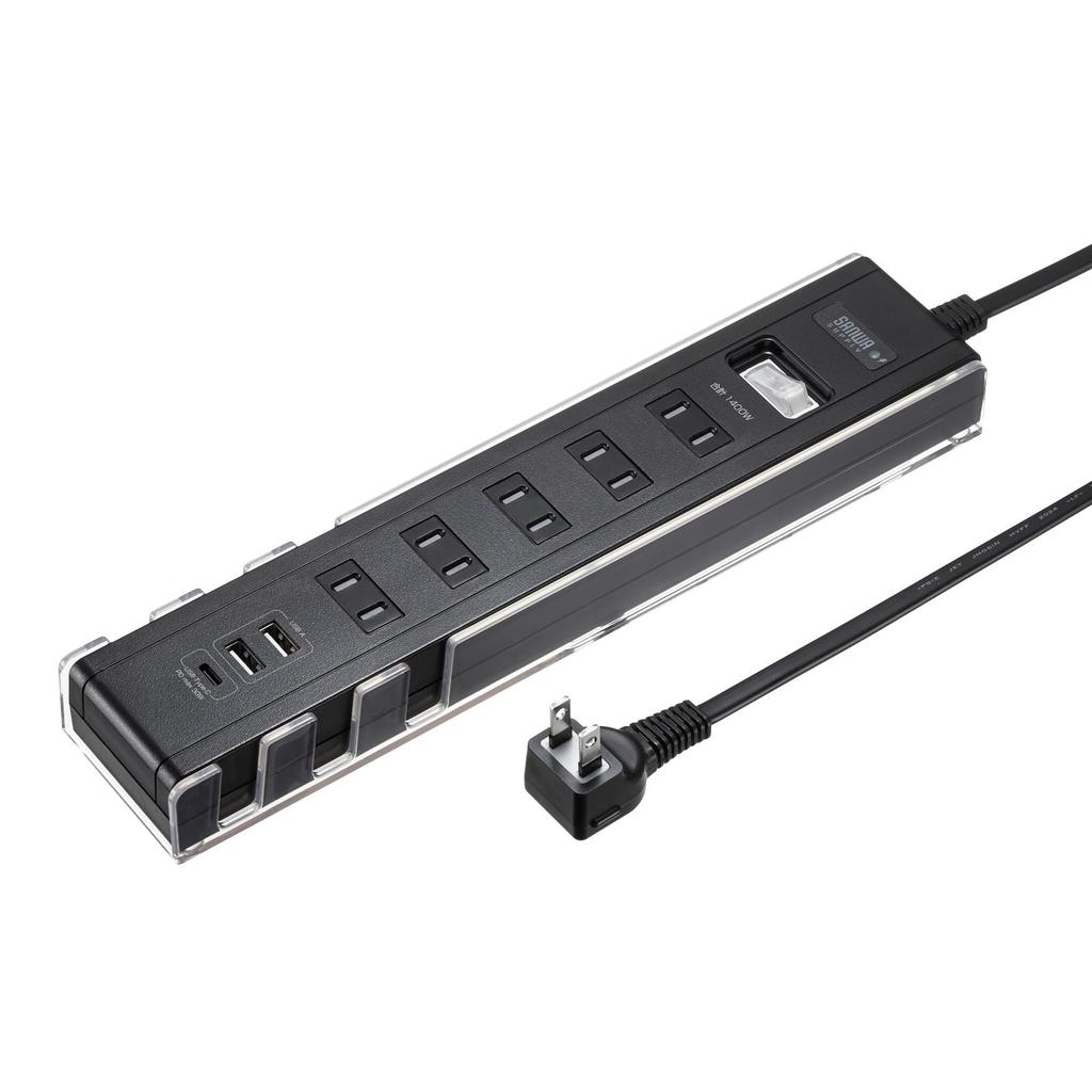 Sanwa Supply USB Charging Power Strip with Stand 5 (2-Pin, Outlets, 3m, Black) TAP-B47UC-3BK