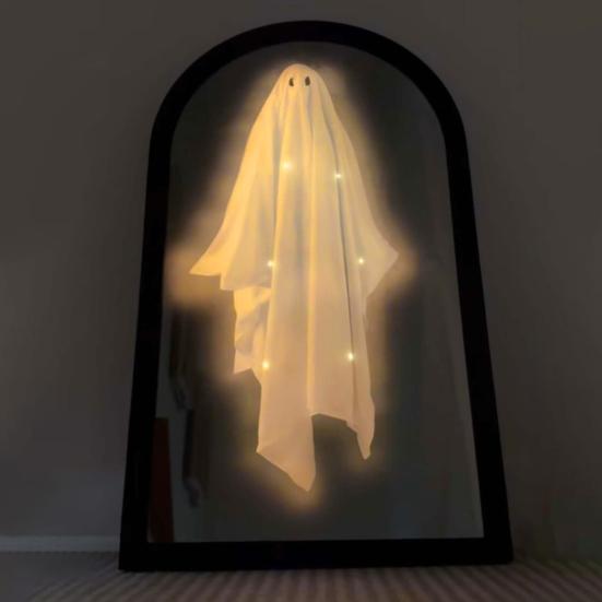 Halloween Ghost Mirror Spooky Hologram Ghost Skeleton Mirror with LED Light for Halloween Home Bedroom Decor