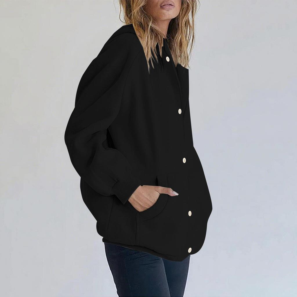 Women's Fashionable Loose Casual Cardigan Button Drawstring Hooded Sweatshirt