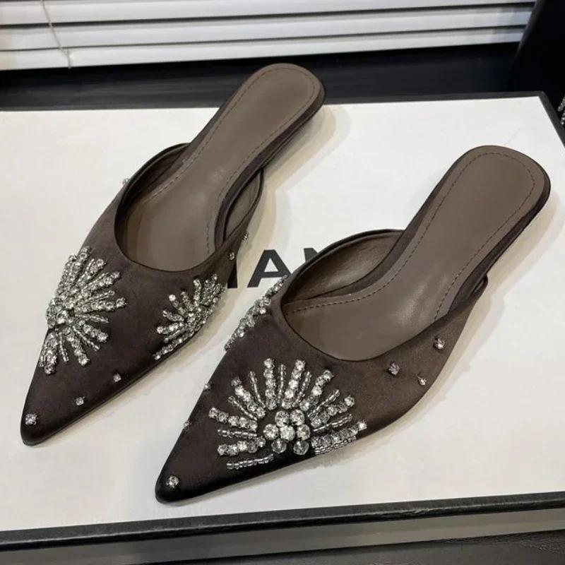 Fashion Crystal Heels Slippers Women Pointed Toe Mules Shoes Elegant Heeled Sandals 2025 Summer Party Flip Flops New Luxury Ladies