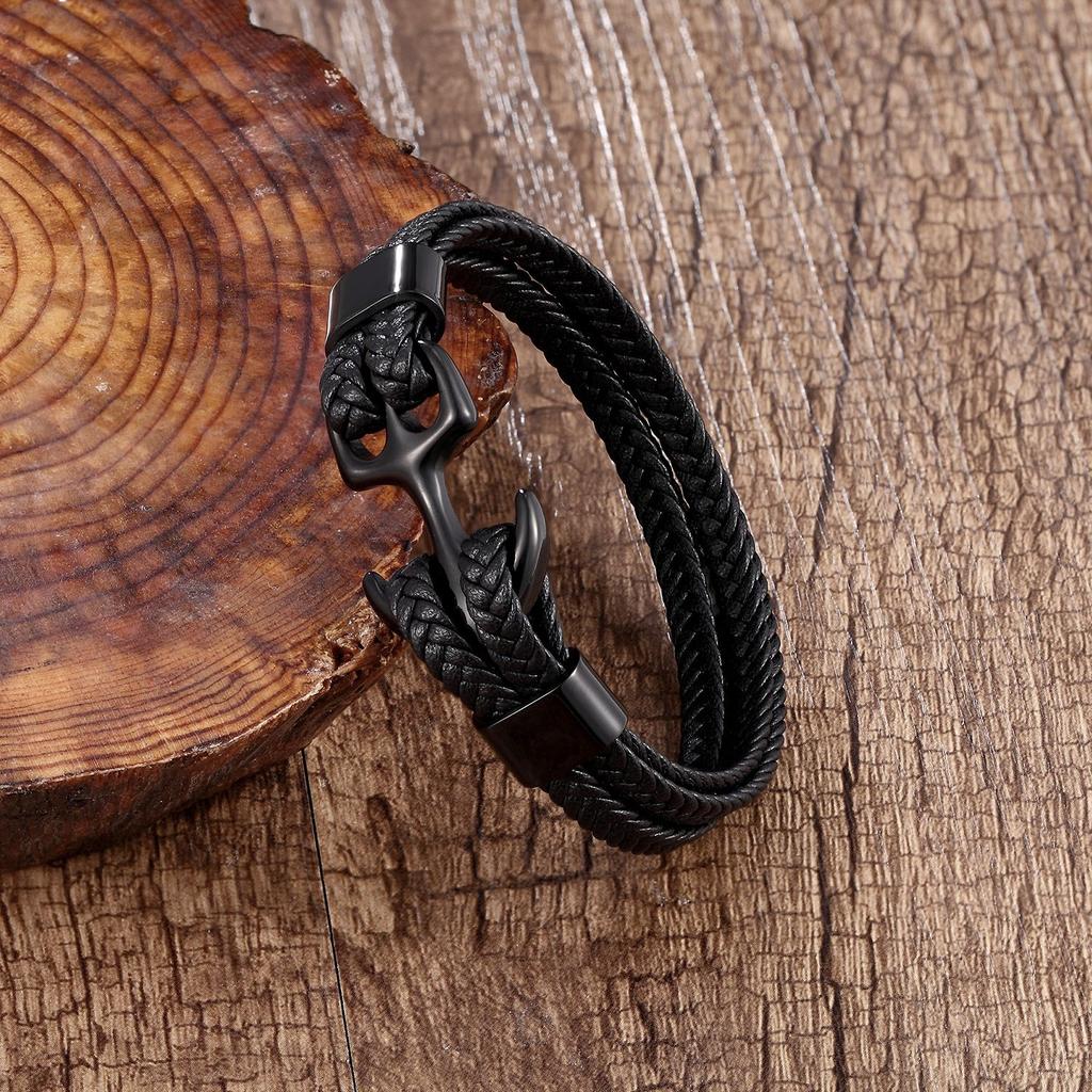 European and American Men's Leather Bracelet Woven Anchor Stainless Steel Leather Bracelet Leather Rope Trend