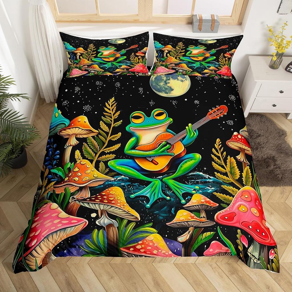 Kawaii Frog Print Duvet Cover Frog Mushrooms Comforter Cover Botanical Mushroom Twin Queen Bedding Set For Girl Teen Room Decor
