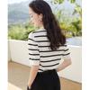 Women's Black White Striped Polo Top Puff Sleeve Knit Blouse Sweaters Pullovers