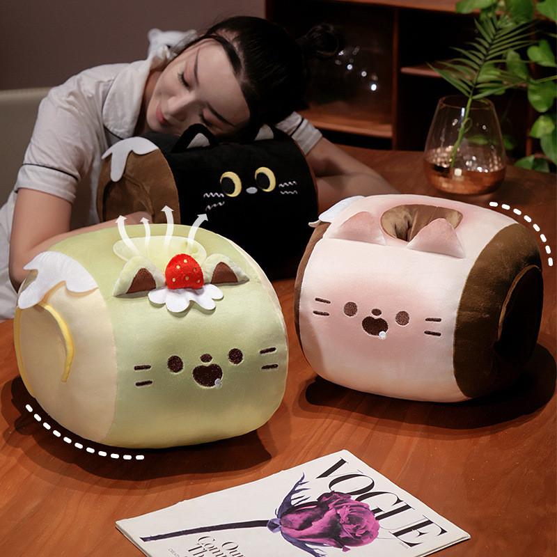 Cute Matcha Chocolate Dessert Cat Design Sleep Cushion And Blanket Set For Nap