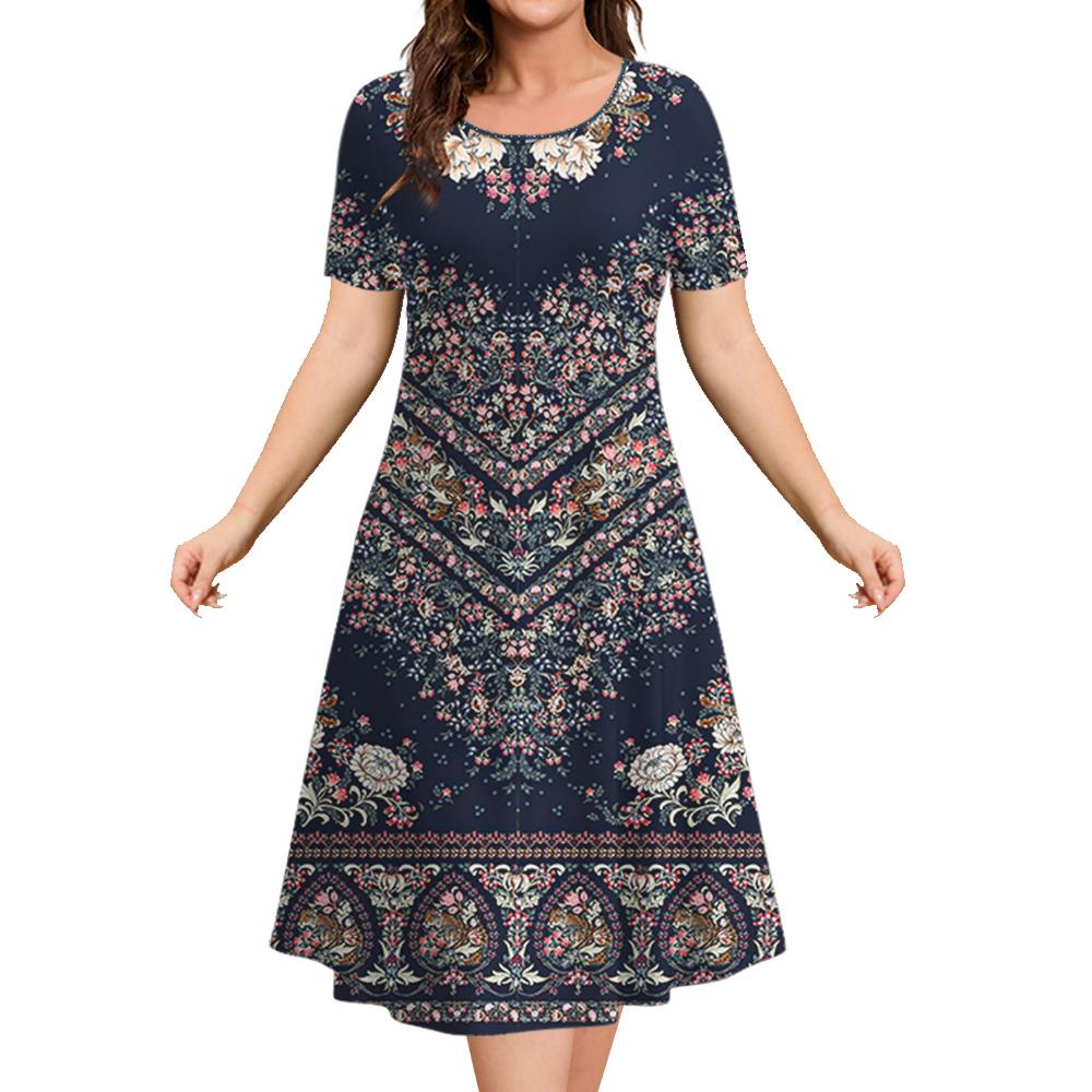 Ethnic Style Women's A-line Skirt Summer Fashion Casual Dress Flower Clothes Ladies Loose Casual Round Neck Dress