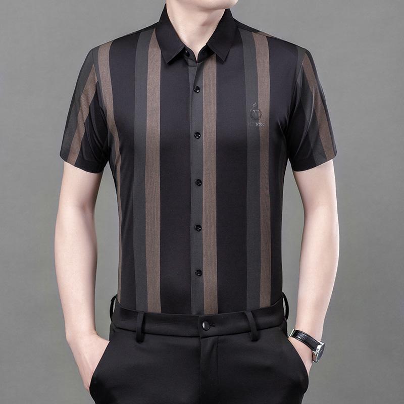 Ice Silk High-end Non-iron Short-sleeved Shirt for Men's Business Casual Breathable Thin Fashion Striped Shirt
