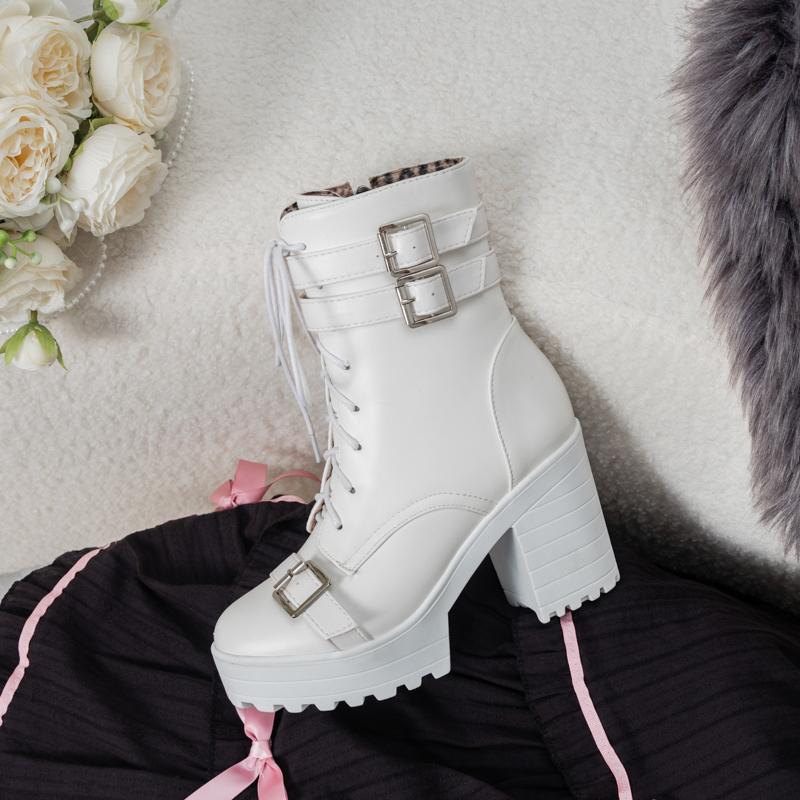 Lace Up Sexy Women Ankle Boots Spring Autumn Fashion Platform Punk High Heels Black White Autumn Rubber Shoes Female Botas Mujer