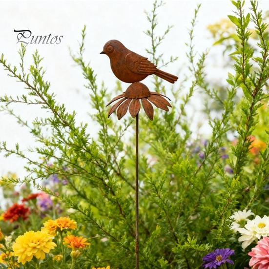 Retro Rust Finish Garden Stake Rusty Decorative Stakes, Metal Flowers Birds Decoration, Daisy Ground Bird Stake, Plant Container Decorations