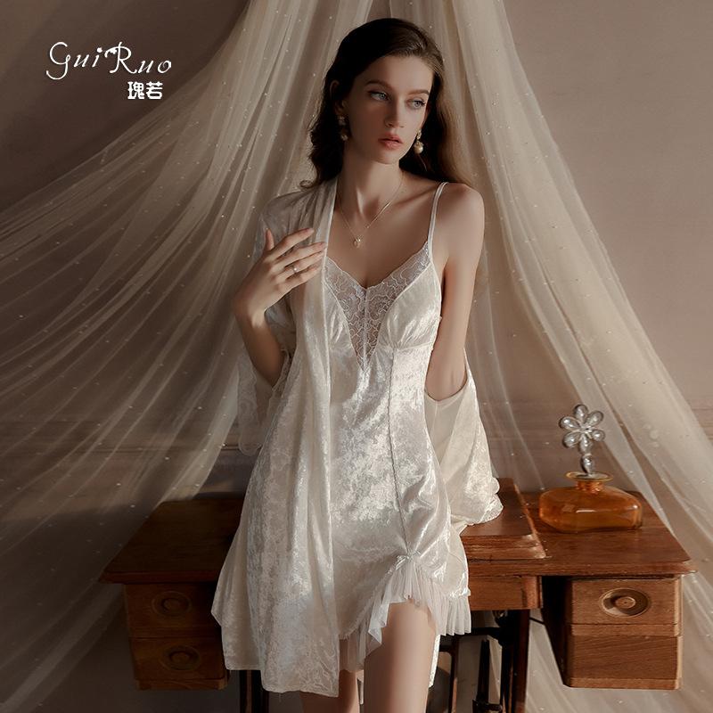 Women's Velvet Sheer Mesh Padded Cami Sleep Dress with Robe Lounge Set