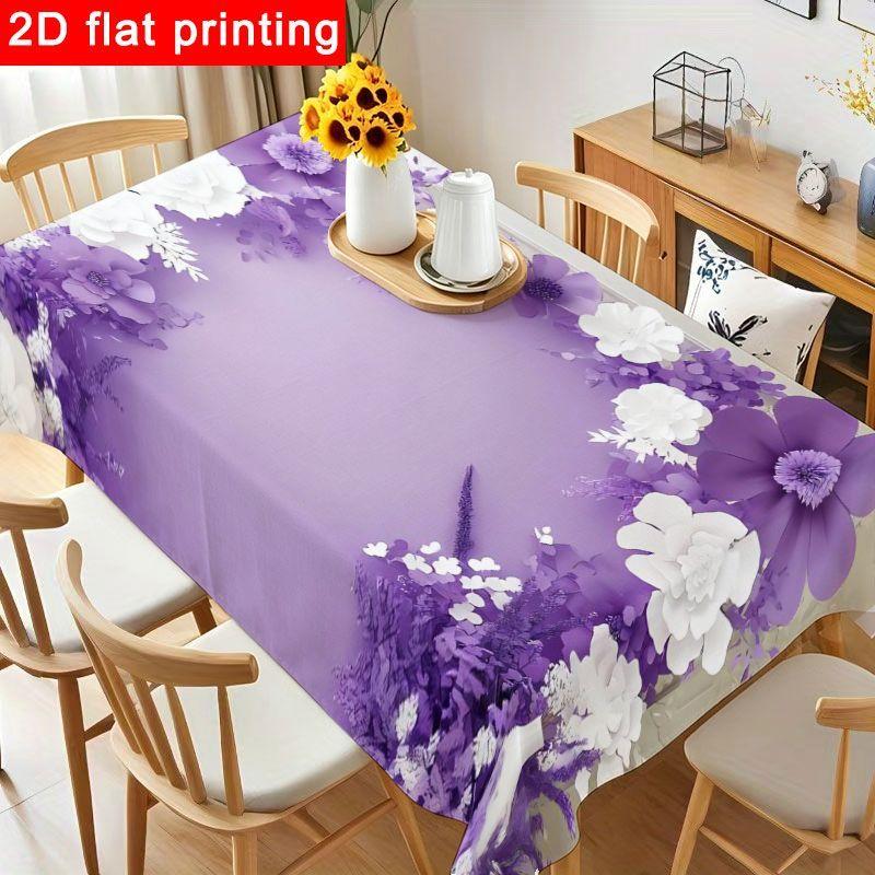 1pc Elegant Floral Purple Wedding Tablecloth - Beautiful Rectangular Polyester Table Cover with Lavender And White Flower Design, Reusable & Easy to C