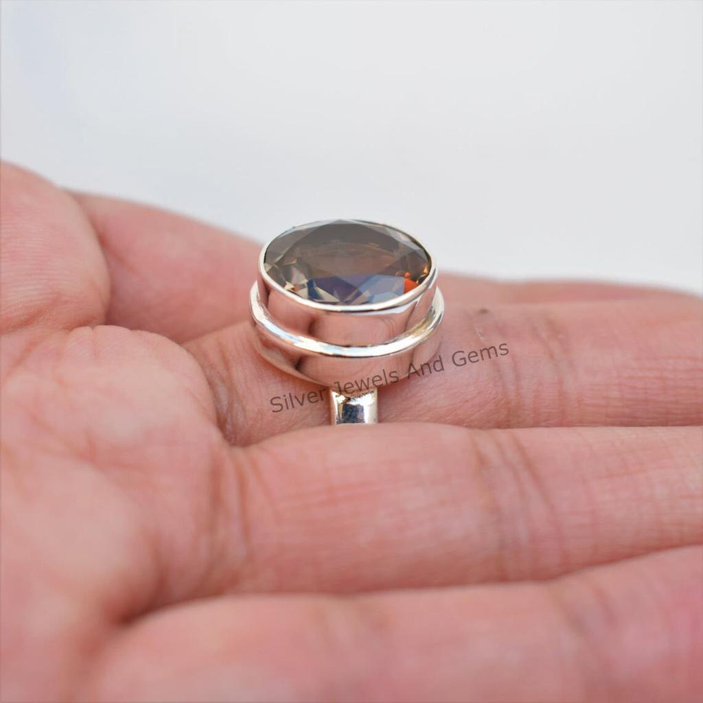 Handmade Round Smoky Quartz Ring: 925 Sterling Silver, Capricorn Birthstone