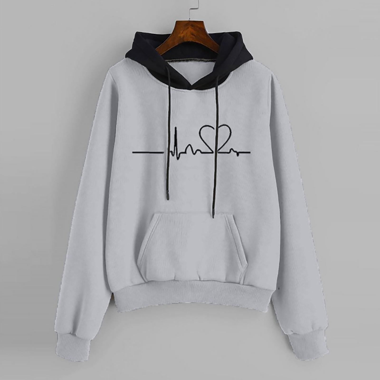 

Женская мода с длинным рукавом с принтом электрокардиограммы, пуловер с капюшоном, толстовка M