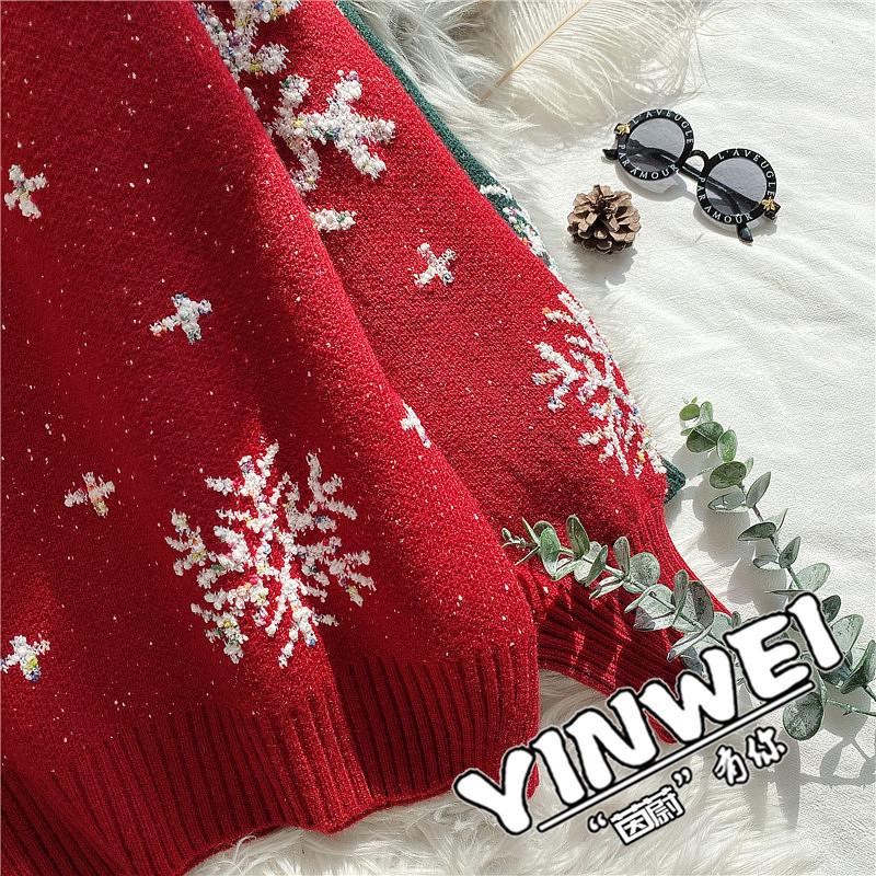 Women's Red Christmas Snowflake Pullover Sweater - Korean Lazy Style Outerwear for Autumn/Winter 2025