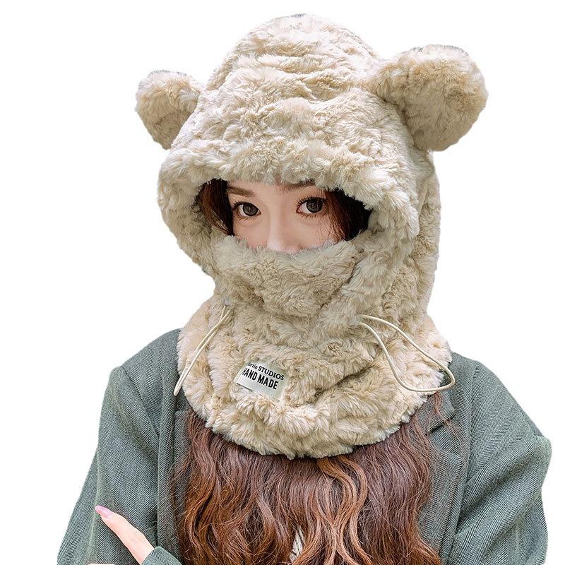 Fleece Thick Mask Scarf Integrated Cycling Warm Women's Scarf One-piece Plush Bear Ear Hat Men