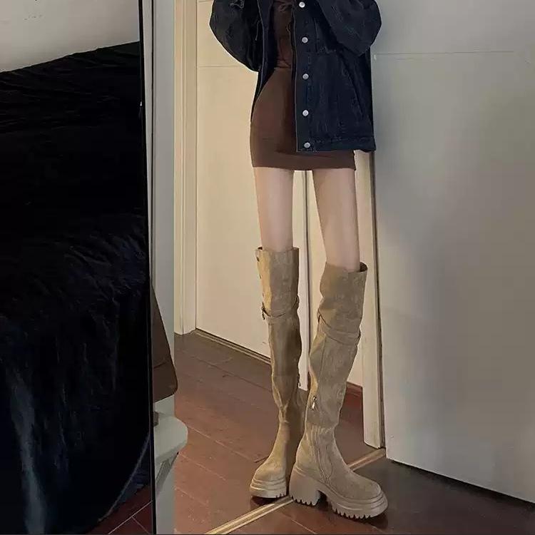 Maillard High-heeled Folded Knee Boots Women's Thick-soled Thick-heeled Heightened Knight Boots Autumn and Winter New Velvet