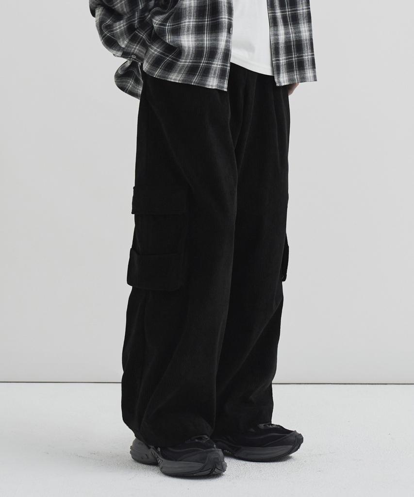 DRAW FIT Layered Cargo Pocket Corduroy Pants [Black]
