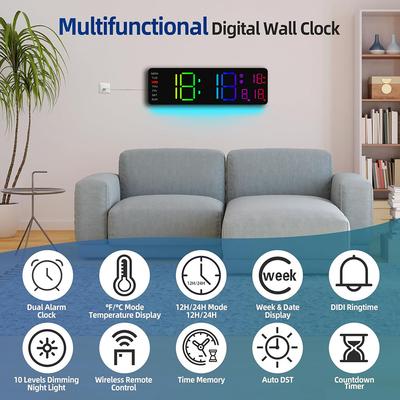 Digital LED Wall Clock with Remote Control Calendar Colorful Night Light Temperature for Living Room Bedroom Office Smart Home