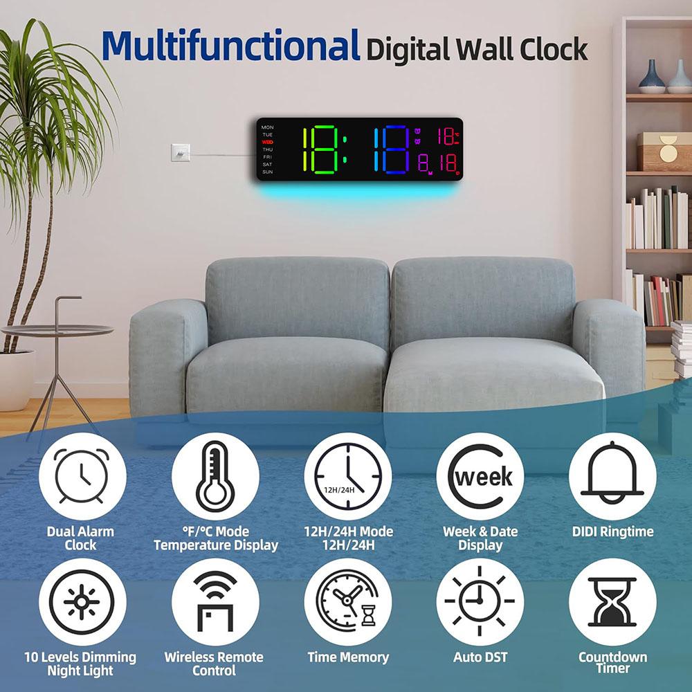 Digital LED Wall Clock with Remote Control Calendar Colorful Night Light Temperature for Living Room Bedroom Office Smart Home