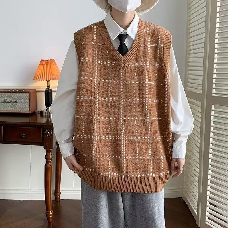 

Мужской вязаный жилет в клетку в корейском стиле в стиле ретро — модный свитер без рукавов в гонконгском стиле для весны и осени Large хаки