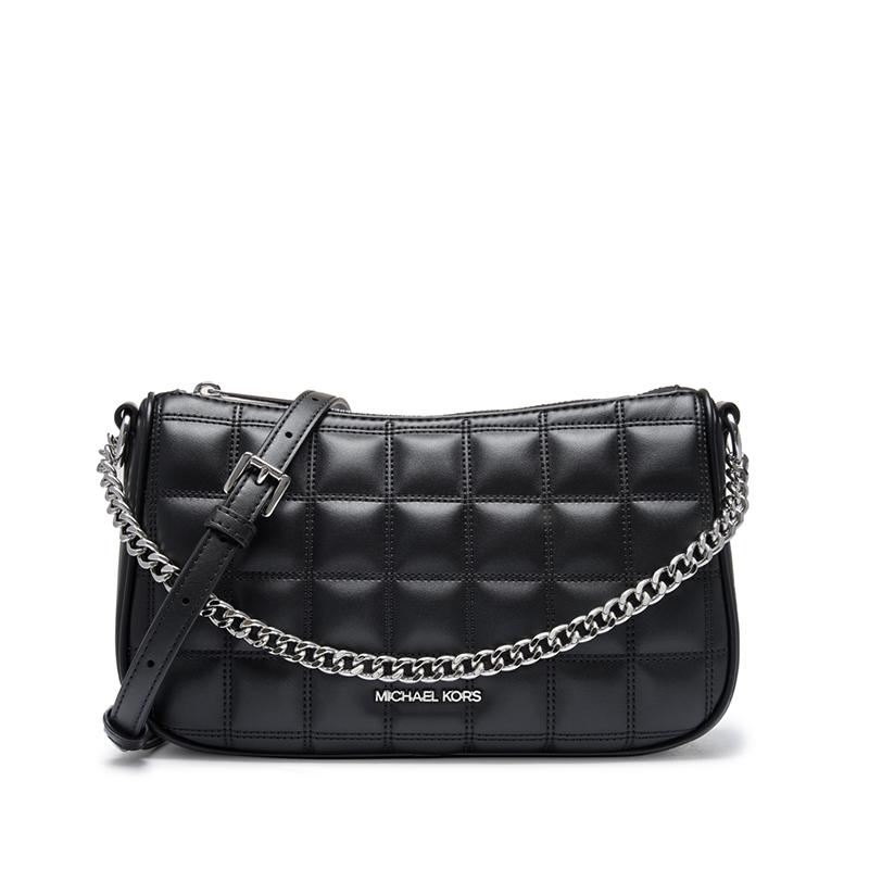 Michael Kors MK Carmela Silver Chain Quilted Patchwork Matte Napa Leather Shoulder Bag Women shoulder bag 35R5S1QC6V Black 001