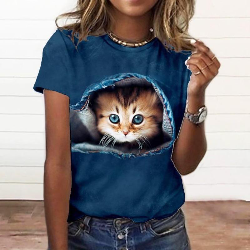

Retro Cartoon Cat Dog T-shirt Cute Girl Heart 3D Printed Round Neck Short Sleeved T-shirt Women s Clothing Shirt S