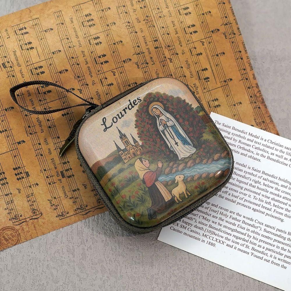 Portable Virgin Mary Prayer Rosary Storage Bag Zippered 7x7cm Religious Articles Cartoon Elegant Prayer Kit Devotees