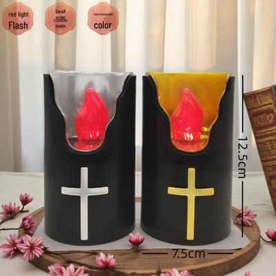Black Shell AA Battery Electronic Candle with Cross Decoration for Indoor Church Prayer