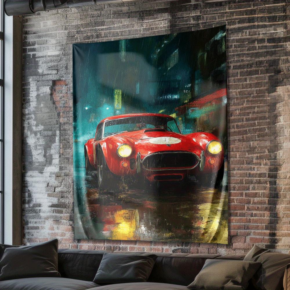 Roter Sportwagen im Regen Digitaldruck Polyester Wandteppich geeignet für den Einsatz in Wohnzimmern Schlafzimmern Büros Bars Partys