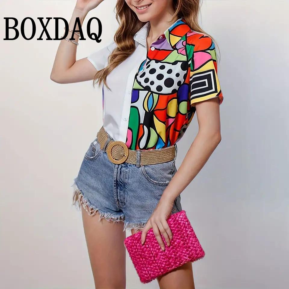 Shirt Fashion Color Matching Printed V-Neck Shirt Ladies Casual Elegant Women Blouse Summer Ladies Hawaiian Vacation Shirts 2025 XL