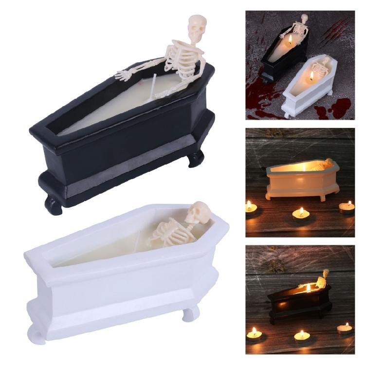 Realistische Halloween-Skelettfigur mit Kerze und Mini-Sarg-Schädel-Ornament für Horror-Mottoparty-Zubehör