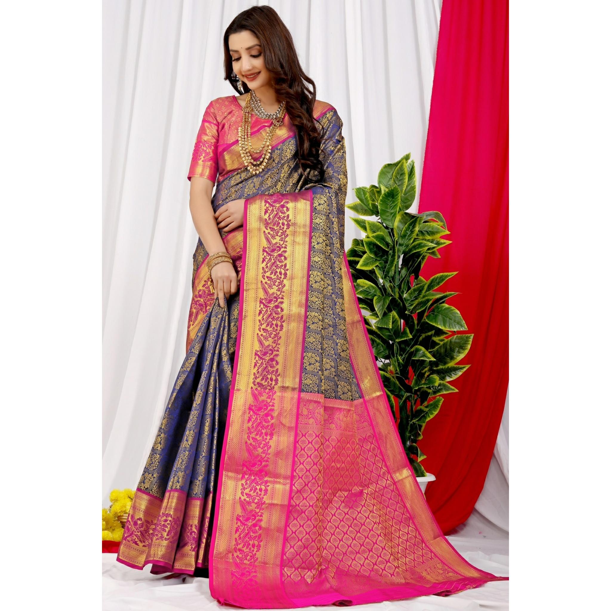 

Индийское традиционное мягкое шелковое сари личи с жаккардовым плетением