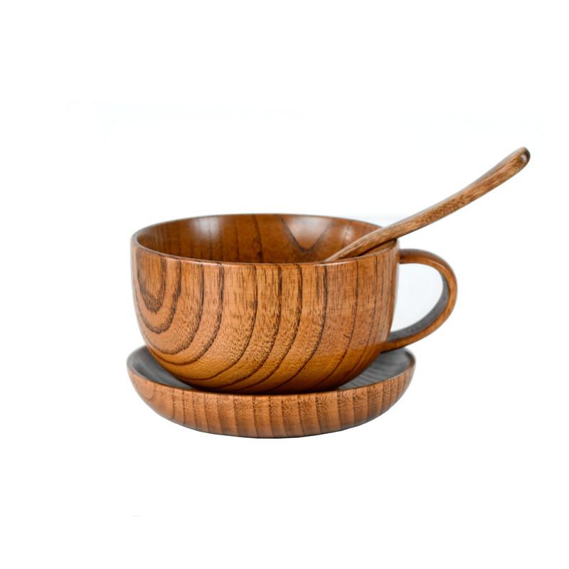 Japanese-style Jujube Wood Coffee Cup Three-piece Set Solid Wood Bowl Cup Wooden Milk Cup with Handle Can Be Printed with Logo