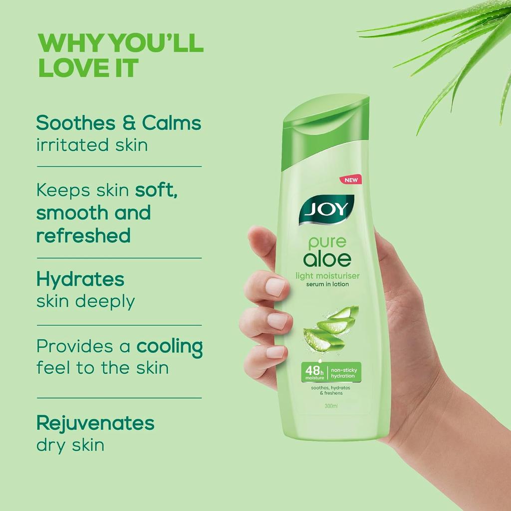 Joy Pure Aloe Light Moisturising Body Lotion 300ml Pack of 1 | 48 Hour Hydration for Smooth, Fresh, Non-Greasy Skin