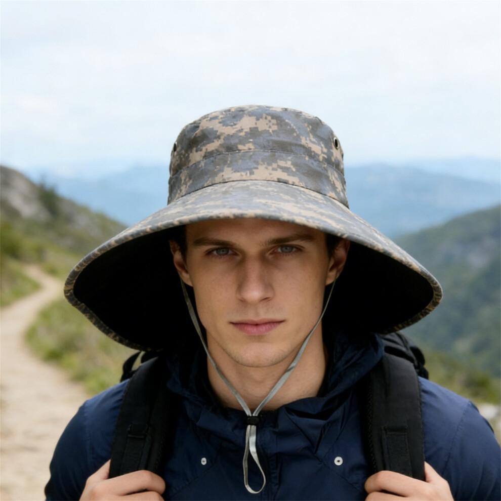 (M, Gray) Men Sun Hat, Camouflage Wide Brim Bucket Hat Sun Protection Hat Summer Cap for Outdoor Camping