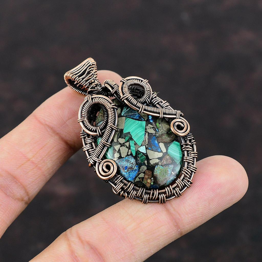 Copper Azurite Malachite Pendant Copper Wire Wrapped Gemstone Pendant Handmade Pendant Copper Jewelry Ethnic Style Pendant Jewelry For Gift