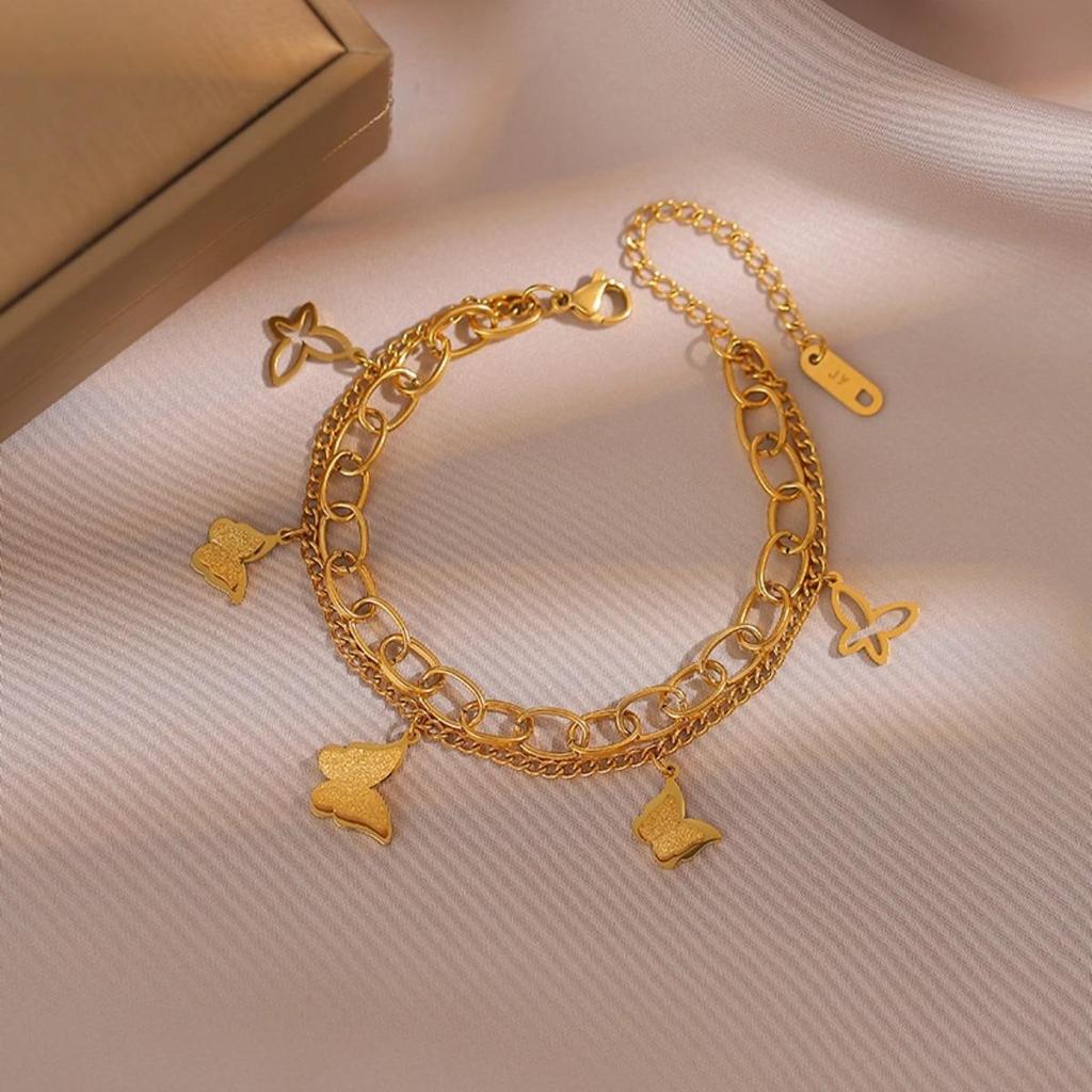 Trendy Titanium Steel Butterfly Double Layer Bracelet for Women - Hip Hop Fashion, Non-Fading, Versatile Jewelry