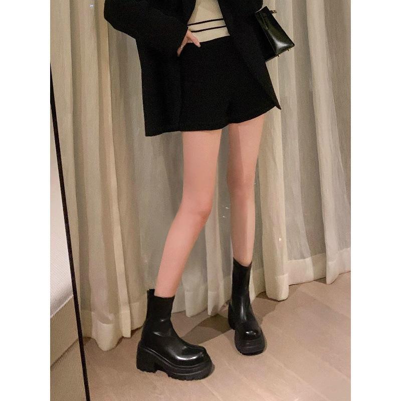 Round Head Rear Zipper Thick Bottom Thin Short Boots Women's Autumn and Winter New Korean Version High Thick Heel Short Tube Muffin Elastic Boots