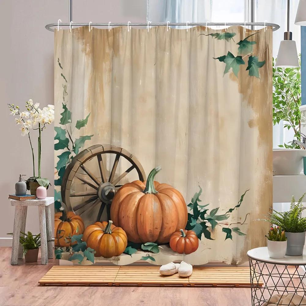 Autumn Scenic Shower Curtain Fall Pumpkin Farm Thanksgiving Butterfly Flower Leaf Barn Polyester Fabric Bathroom Decor Curtains