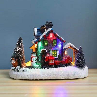 Resin Christmas Luminous House Ornaments LED Lighted Snow House Figurine Christmas Train House Ornament