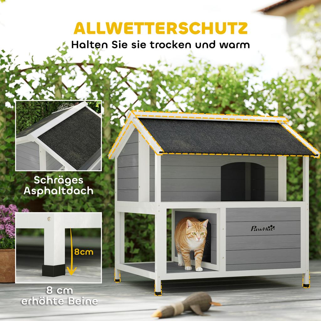Außenkatzenhaus, Katzenunterstand für den Außenbereich, Wasserdicht, Scharnierklappdach, Fichtenholz, 80 x 93 x 95, Grau