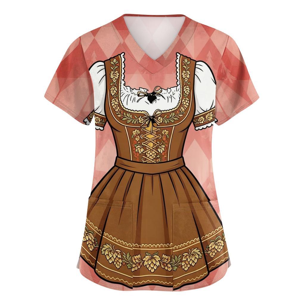 Women's V Neck Short Sleeve Work Shirt with Pockets Oktoberfest Print Medical Uniform Top Nurse Scrub Tee for Healthcare Professionals