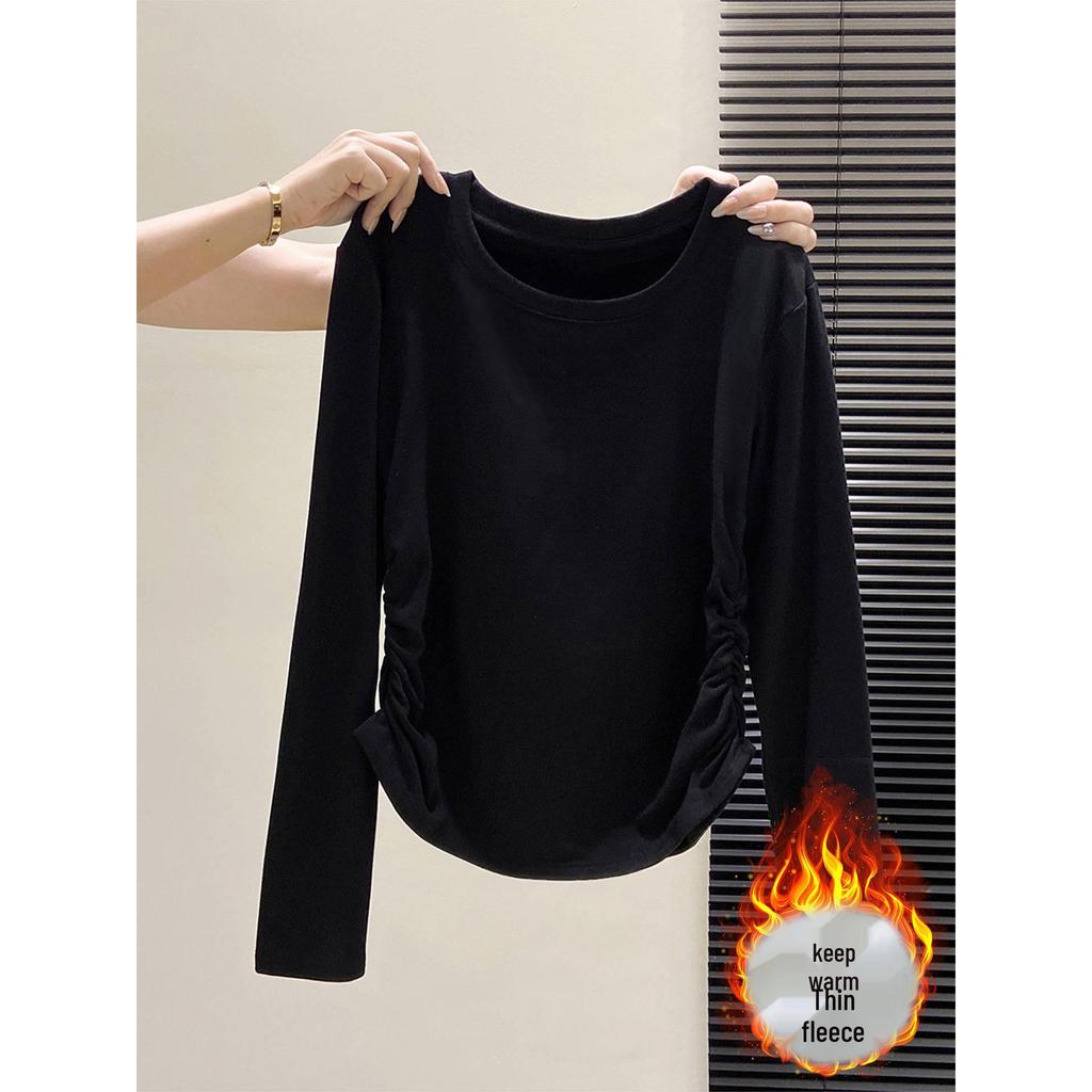 Vielseitiges Damen-Einfarbiges Rundhals-Schmal geschnittenes T-Shirt - Langarm, Raffung, Gebürstete Basisschicht für Frühling, Herbst, Winter.