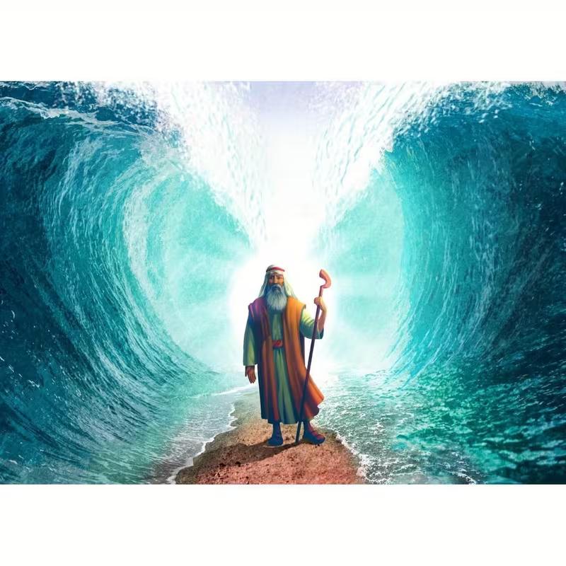 2D Moses & Wunder am Roten Meer Wandteppich, Christliche Bibelgeschichte Wandbehang für Schlafzimmerdekoration