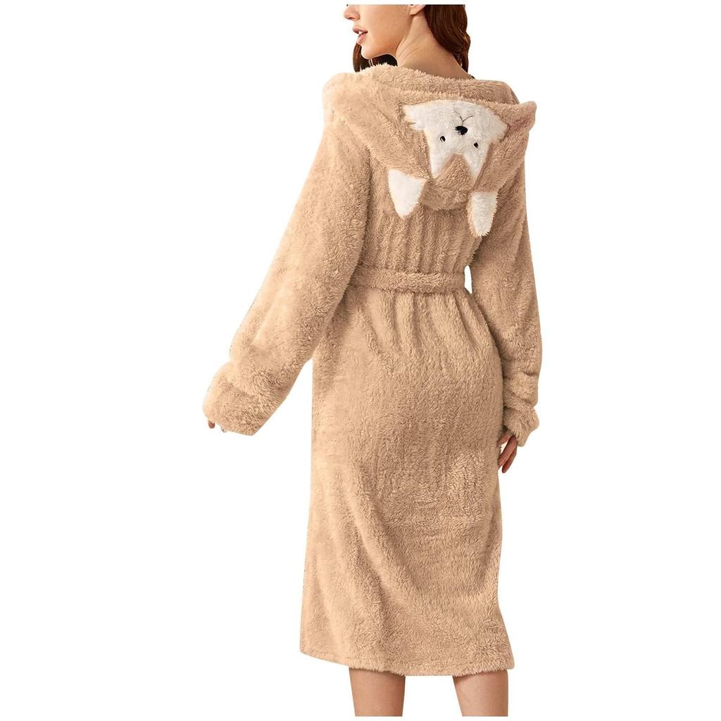 Women's Fleece-Lined Pocket Ear Cap Solid Color Bathrobe