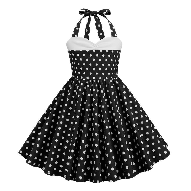 Girls' Fashionable High-Waisted Halter-Neck Patchwork Polka Dot Retro Dress For Summer
