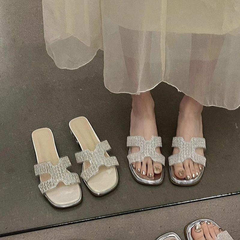 Square head elegant slippers summer one-pedal color matching cool slippers transparent heel outside wear non-slip shoes